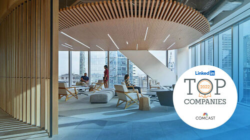 Comcast office lobby with LinkedIn Top Companies logo